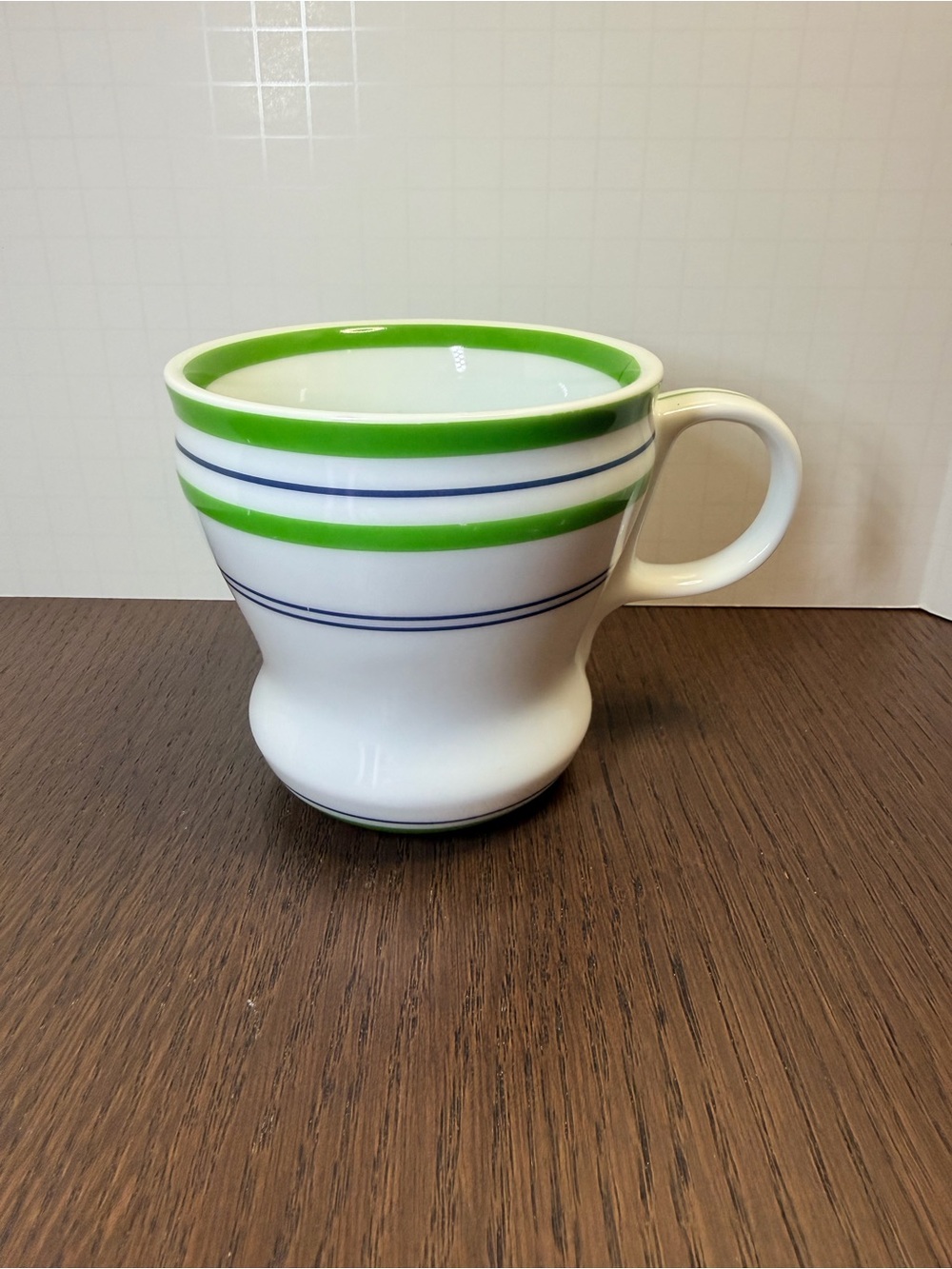 Starbucks 12oz White Ceramic Mug with Green and Blue Stripes